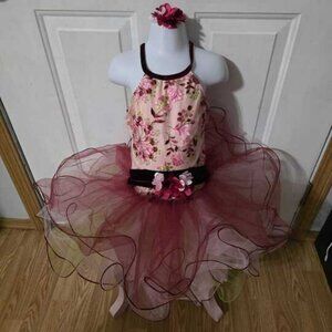 Elegant Floral & Burgundy Tutu Dance Costume Matching Hair Clip Included
